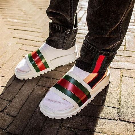 bous gucci slides on white|Gucci sandals for men.